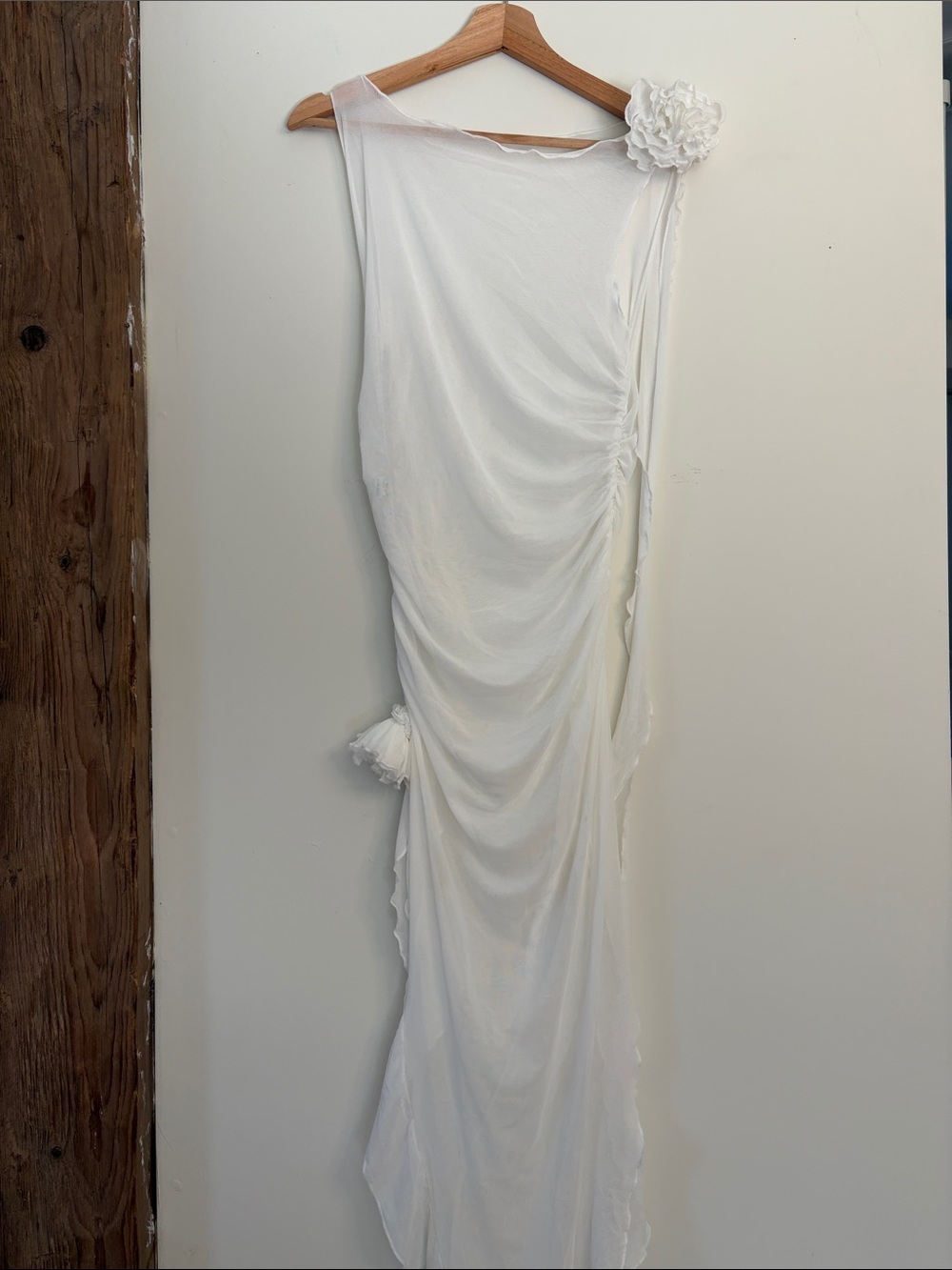 White ruched bridal Draped Swim Coverup with Floral Accent